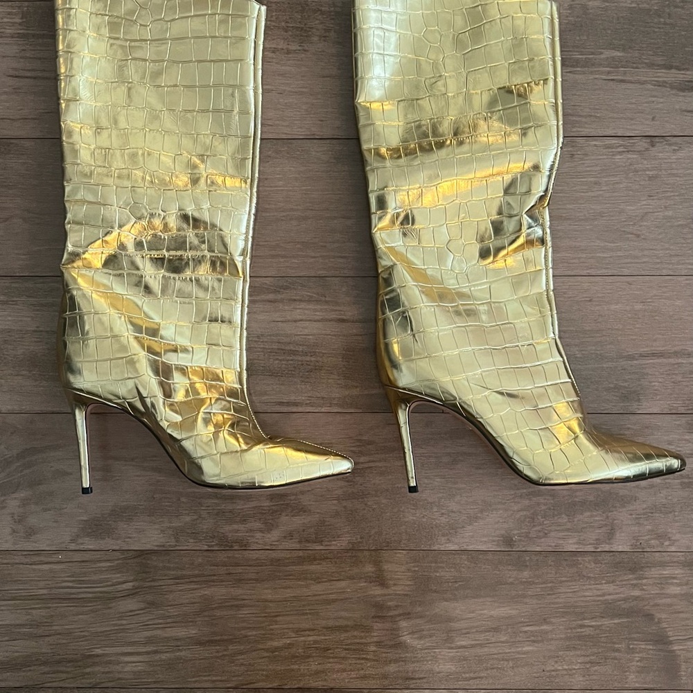 SCHUTZ Metallic Gold Croc-Embossed Heeled Boots